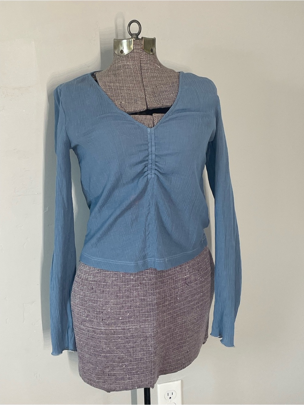 Madewell Dusty Blue Long-Sleeve V-Neck Ruched Front Top